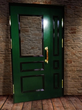 Зеленая тамбурная дверь со стеклом